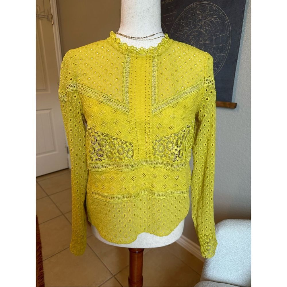 James Coviello Anthropologie Crochet Lace Yellow Long Sleeve Top Size S